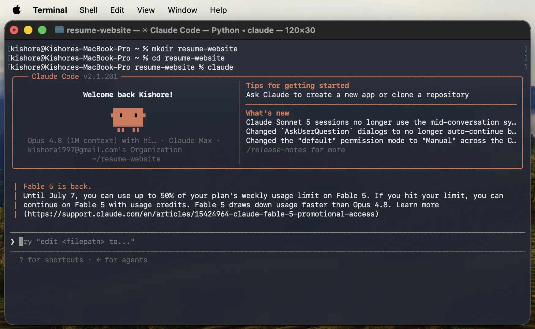 Claude Code launched in the terminal after running the claude command