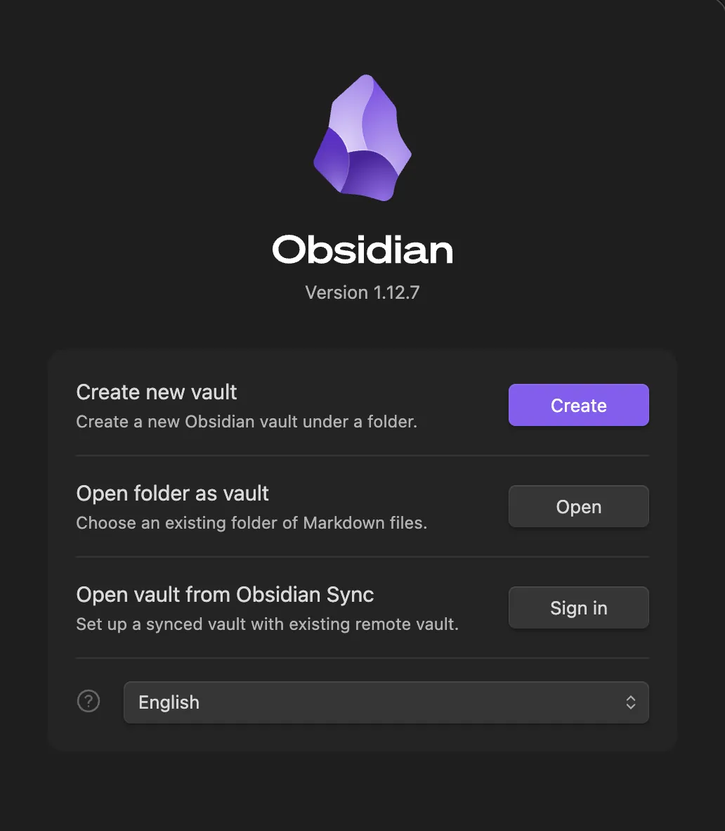 The Obsidian launcher, with options to create a new vault, open a folder as a vault, or open a vault from Obsidian Sync